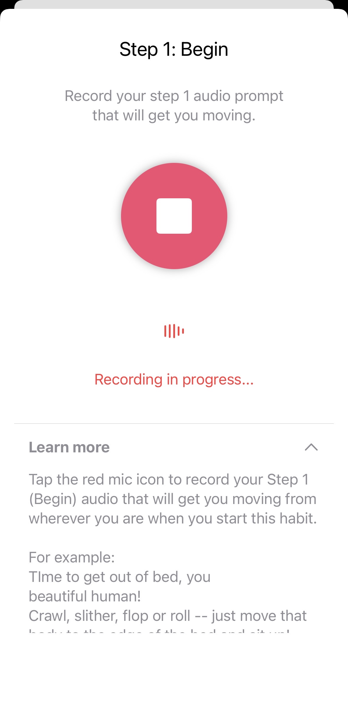 Audio prompt recording screen