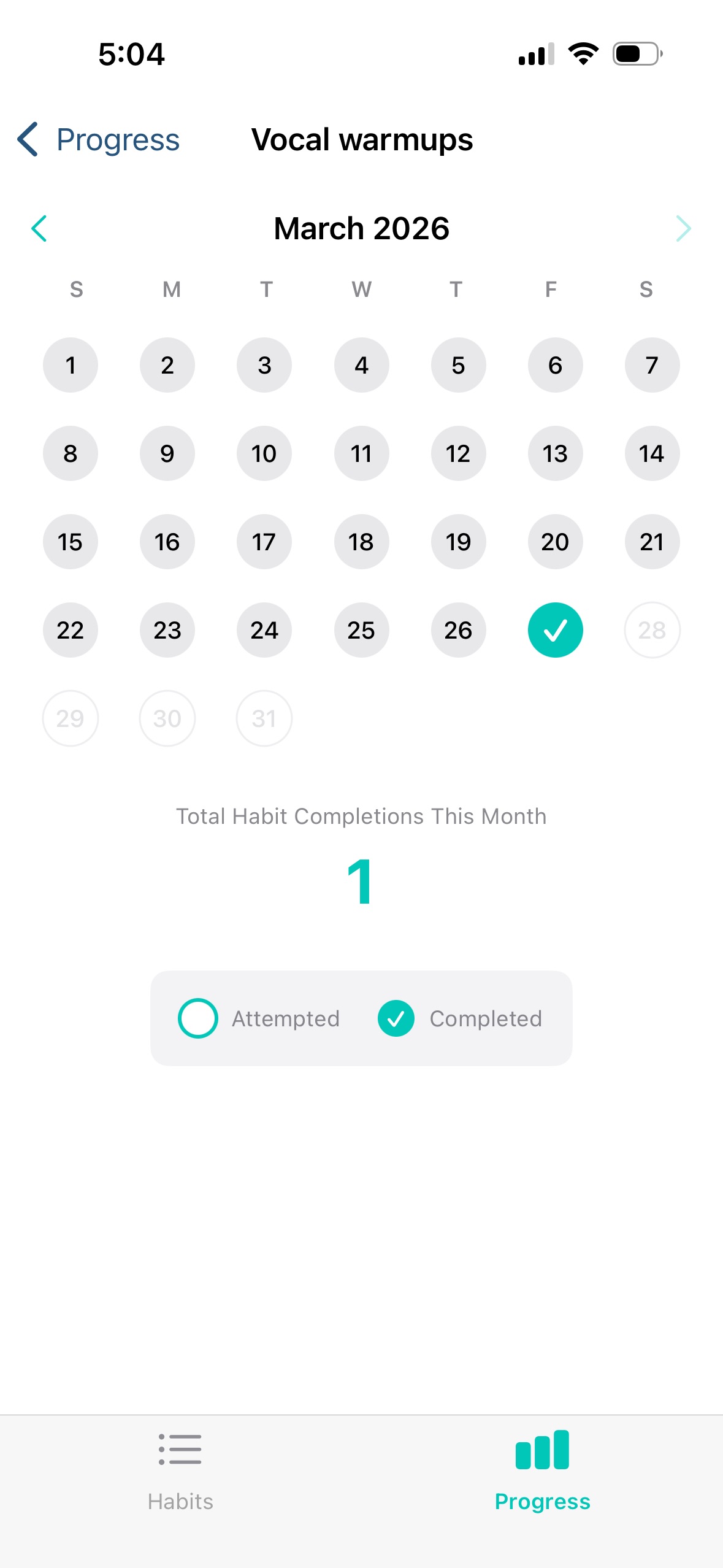Progress calendar showing attempts and completions