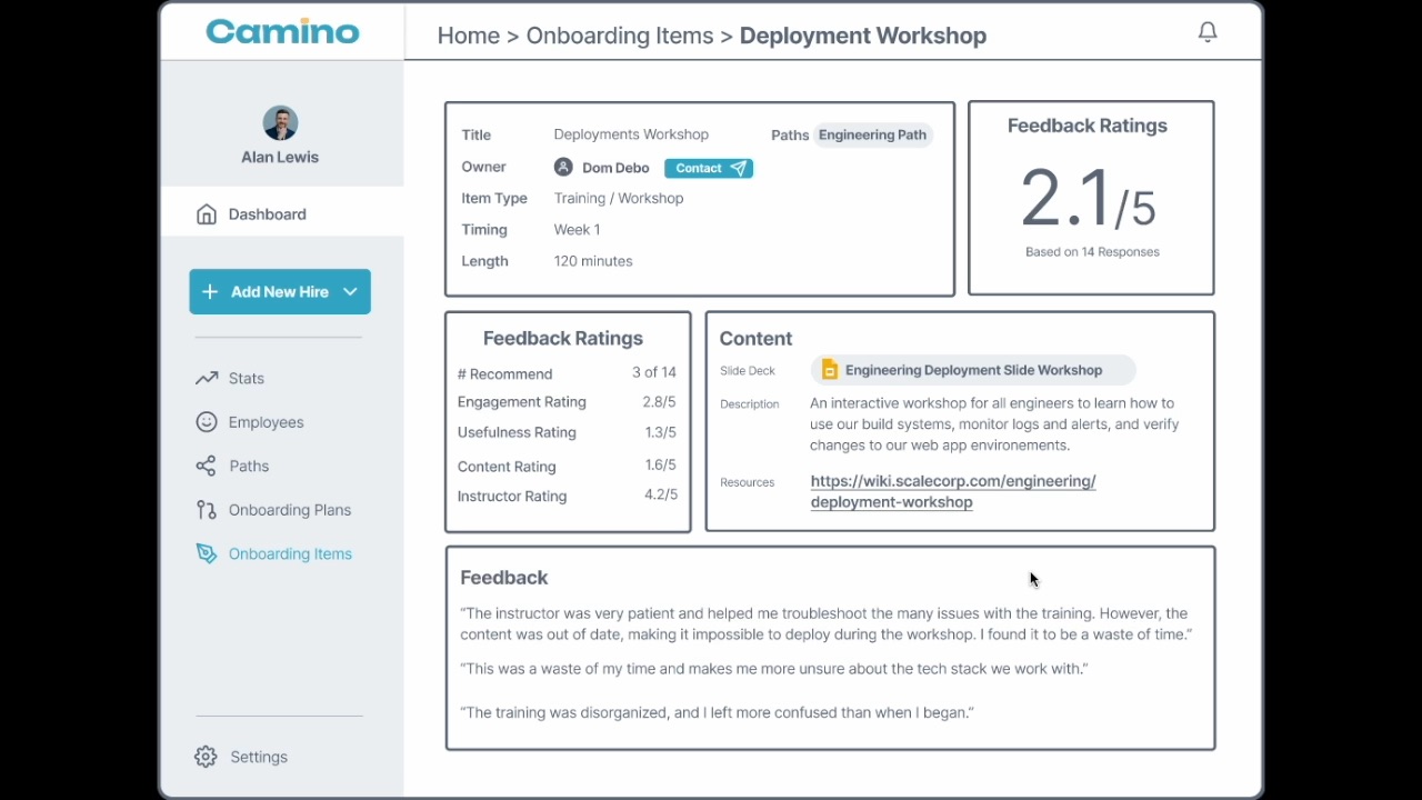 HR leader drilldown view showing onboarding item feedback ratings and verbatim responses