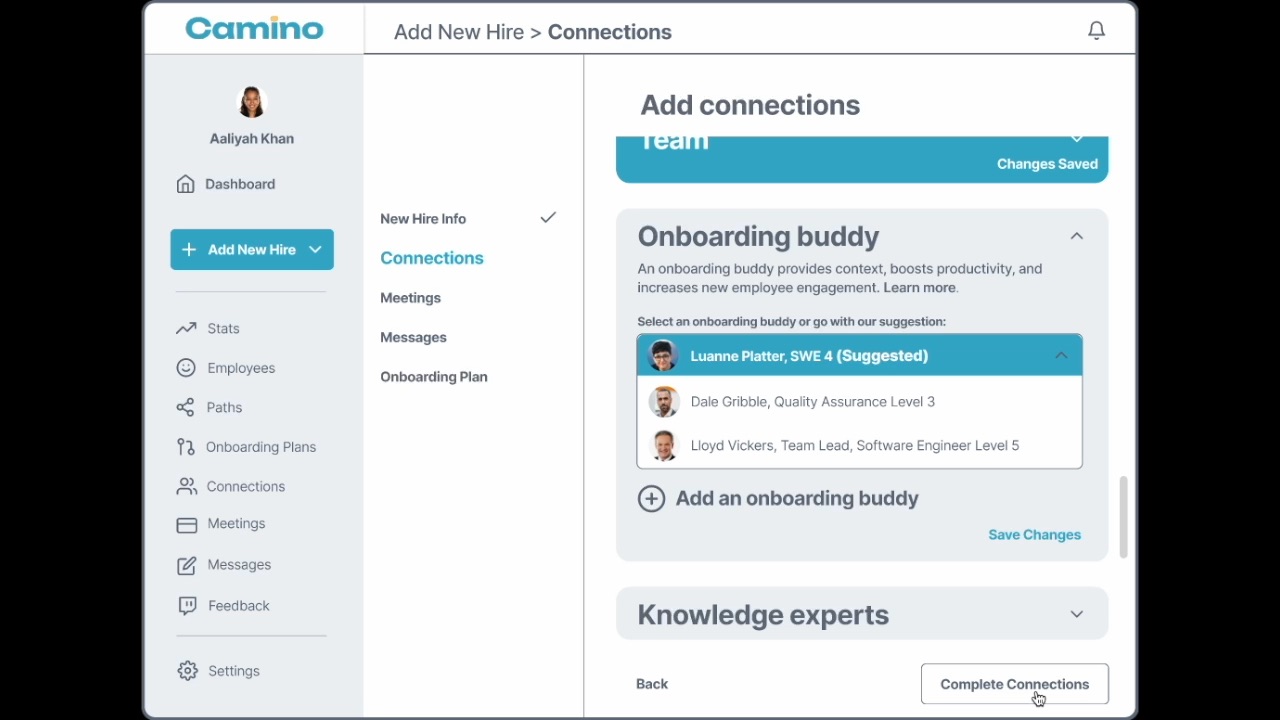 Connections feature showing suggested onboarding buddy and knowledge experts