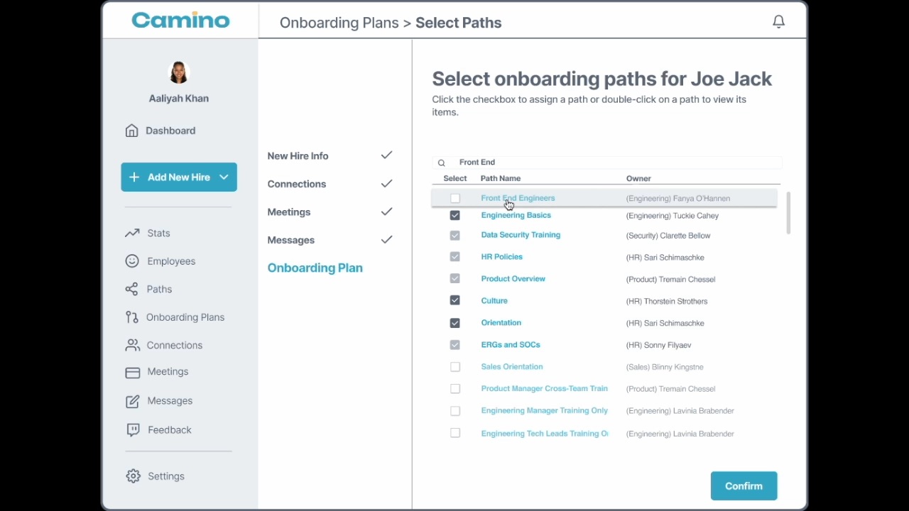 Onboarding path selection showing role-based training paths for a new front-end engineer