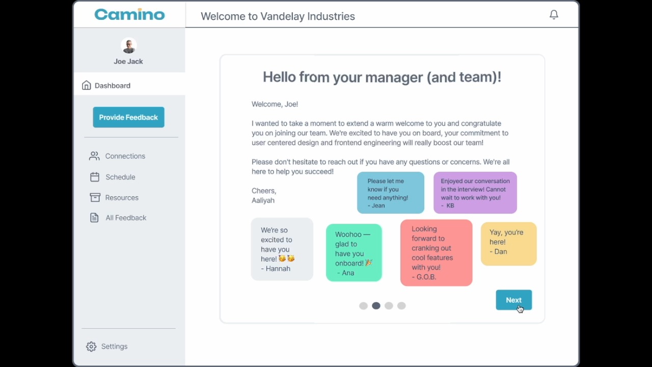 Camino new hire welcome screen with team messages