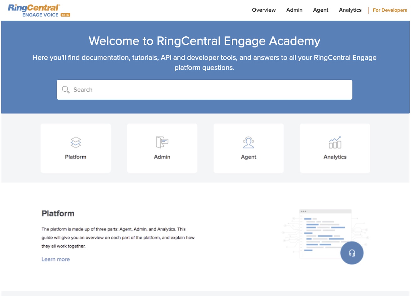 RingCentral Engage portal homepage showing role-based navigation